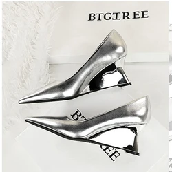 BIGTREE Sexy Street Style Silver Patent Leather Pumps Women Wedges Heels Pointed Toe Party Shoes Zapatos De Mujer