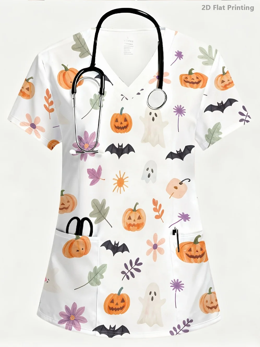 Halloween Pumpkin V-Neck Working Hospital Uniform Surgical Shirt Print Plus Size Nurse Medical Uniform Scrub Tops Women Blouse
