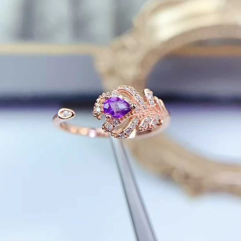 

Кольцо из стерлингового серебра с перьями, ювелирные изделия из натурального аметиста, 3 мм * 4 мм, кольцо из серебра 925 пробы с аметистом класса VVS и позолотой 18 карат