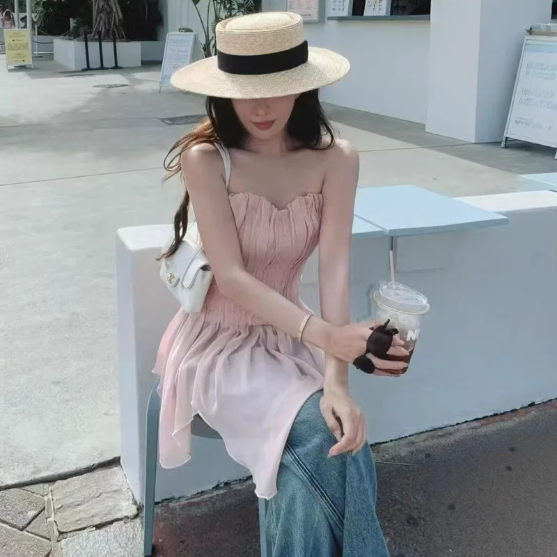 HKSH Women Sexy Vest Strapless Sleeveless Waist Cinching Slim Fit Pleated Irregular Ruffled Hem Sweet Versatile Tank Top HK23255