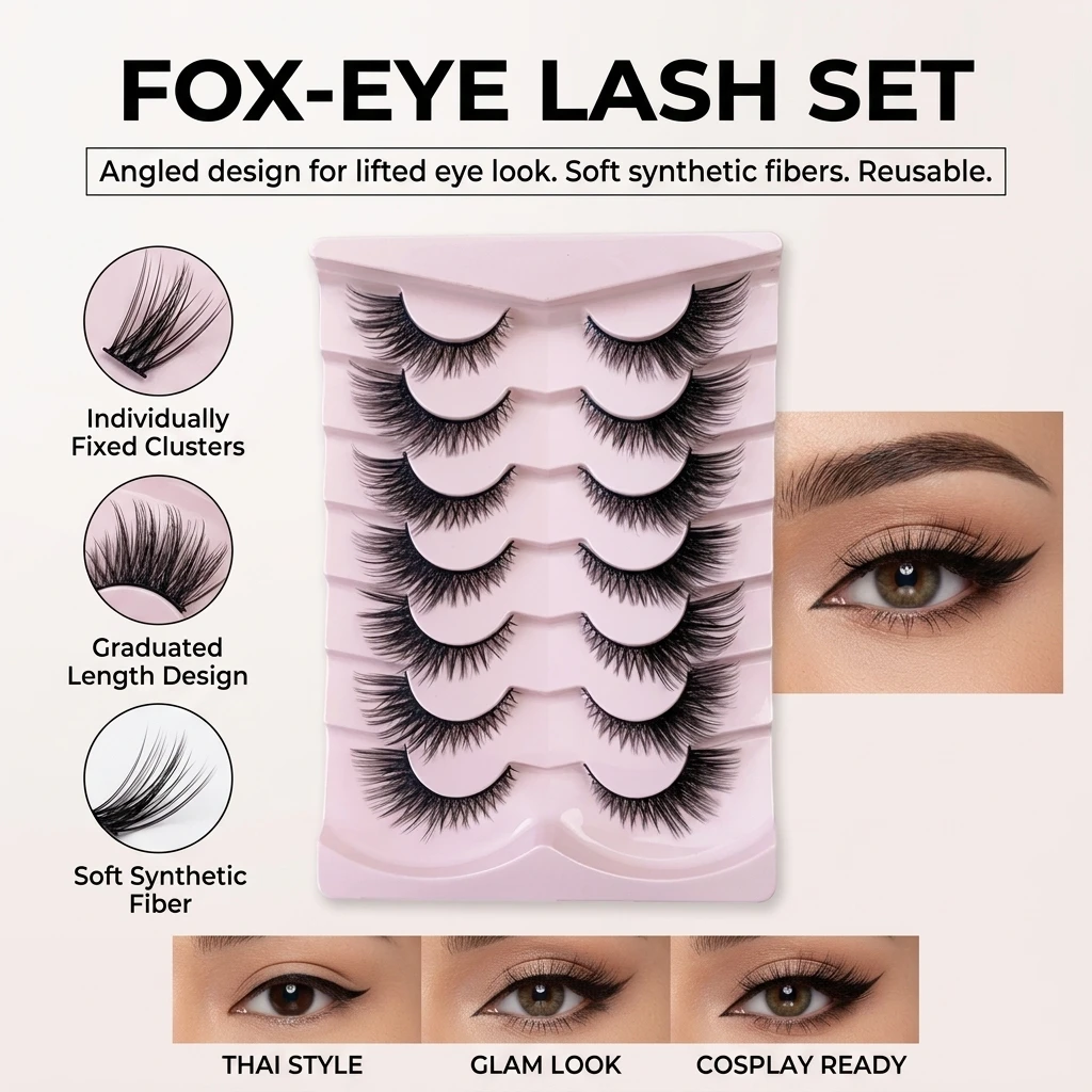 Soft Synthetic Fiber False Eyelashes Foxes Style End Eye Elongated Strip Eyelash Extensions European Girls Group Lash Cluster