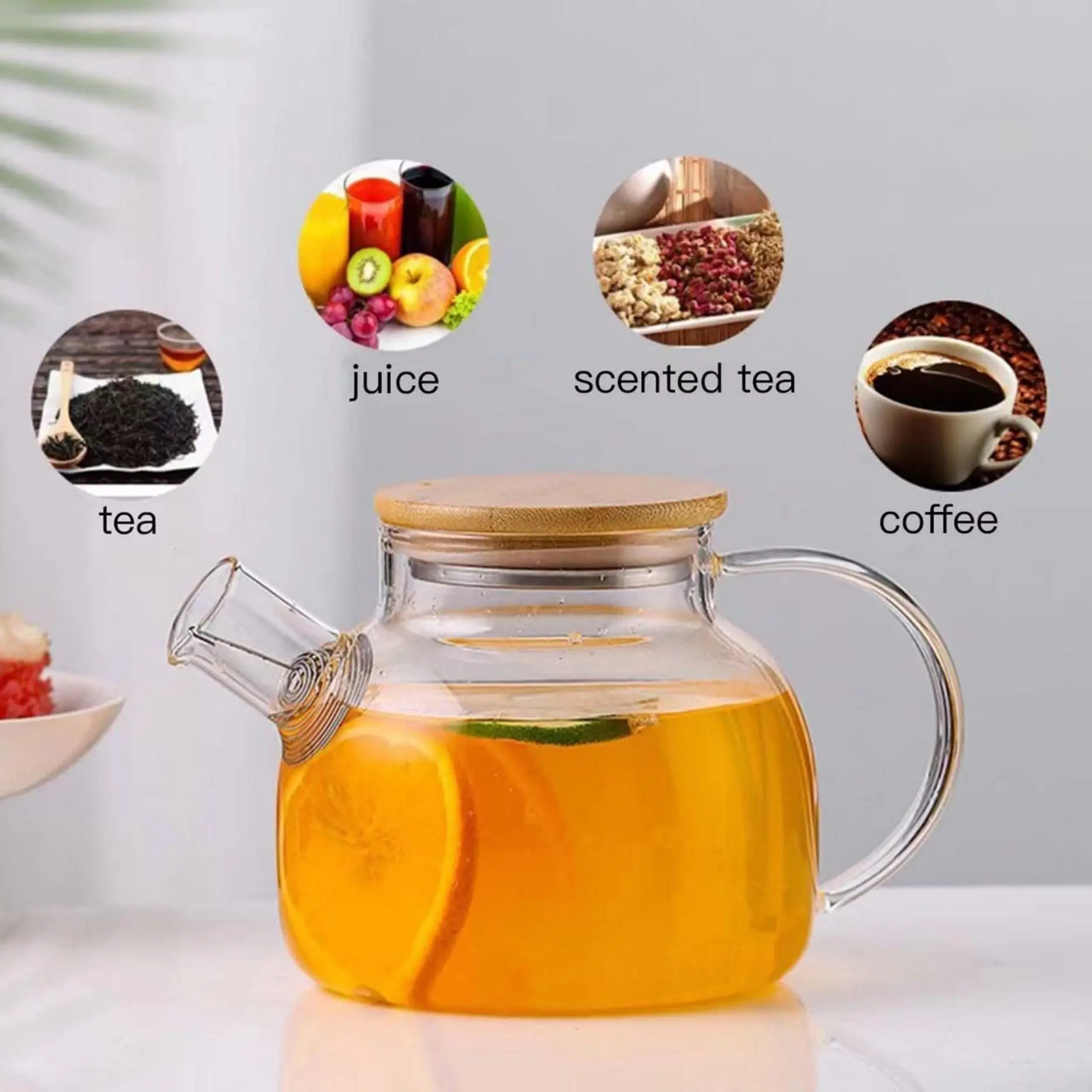 Glass Teapot,Home Stovetop Coffee Kettle,1L Heatproof Borosilicate Glass,With Bamboo Lid Removable Filter Spout,for Lemonade