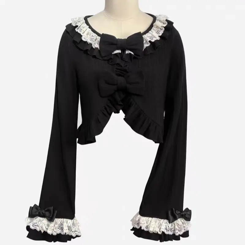 Cappotto maglione con fiocco in pizzo dolce autunno inverno Cappotto cardigan lavorato a maglia stile Lolita giapponese Kawaii da donna Top corto sottile carino