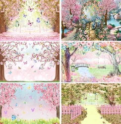 Photography Backdrops Fantasy Fairy Pink Castle Cherry Blossoms Tree Rainbow Butterfly Children Kids Photo Studio Background