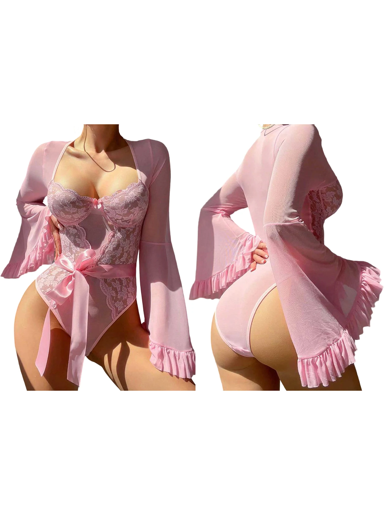 

Sexy Lace Bodysuit Lingerie with Flare Sleeves and Low-cut Design Fit Sheer Nightwear for Women Exquisite Patchwork