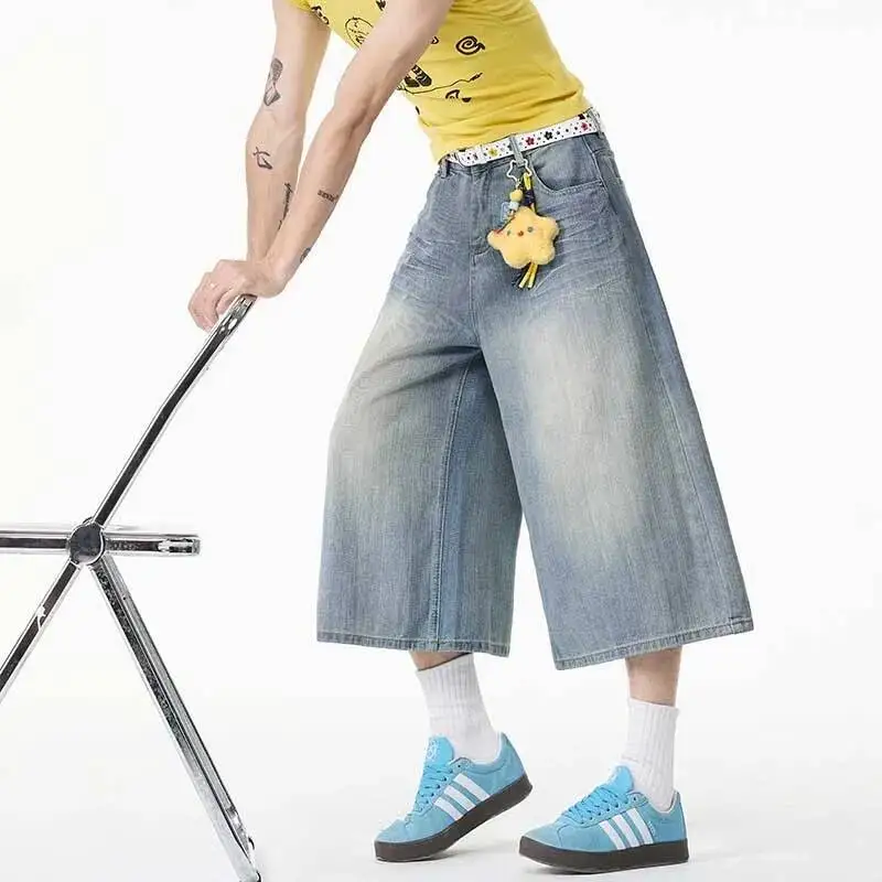LUZHEN 2026 Summer Fashion Loose Gradient Washed Vintage Style Straight Cropped Denim Pants Men's Trendy Handsome Jeans JY7361