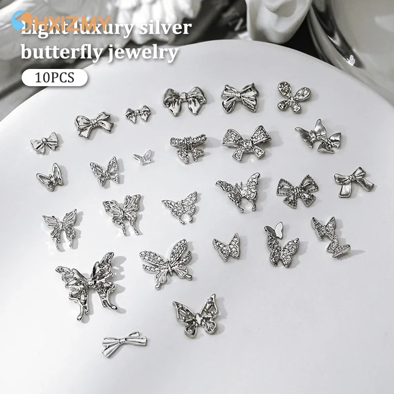 

10Pcs DIY Nail Art Decoration 3D Silver Butterfly Shiny Rhinestones Nail Drills For Manicure Design Accessory