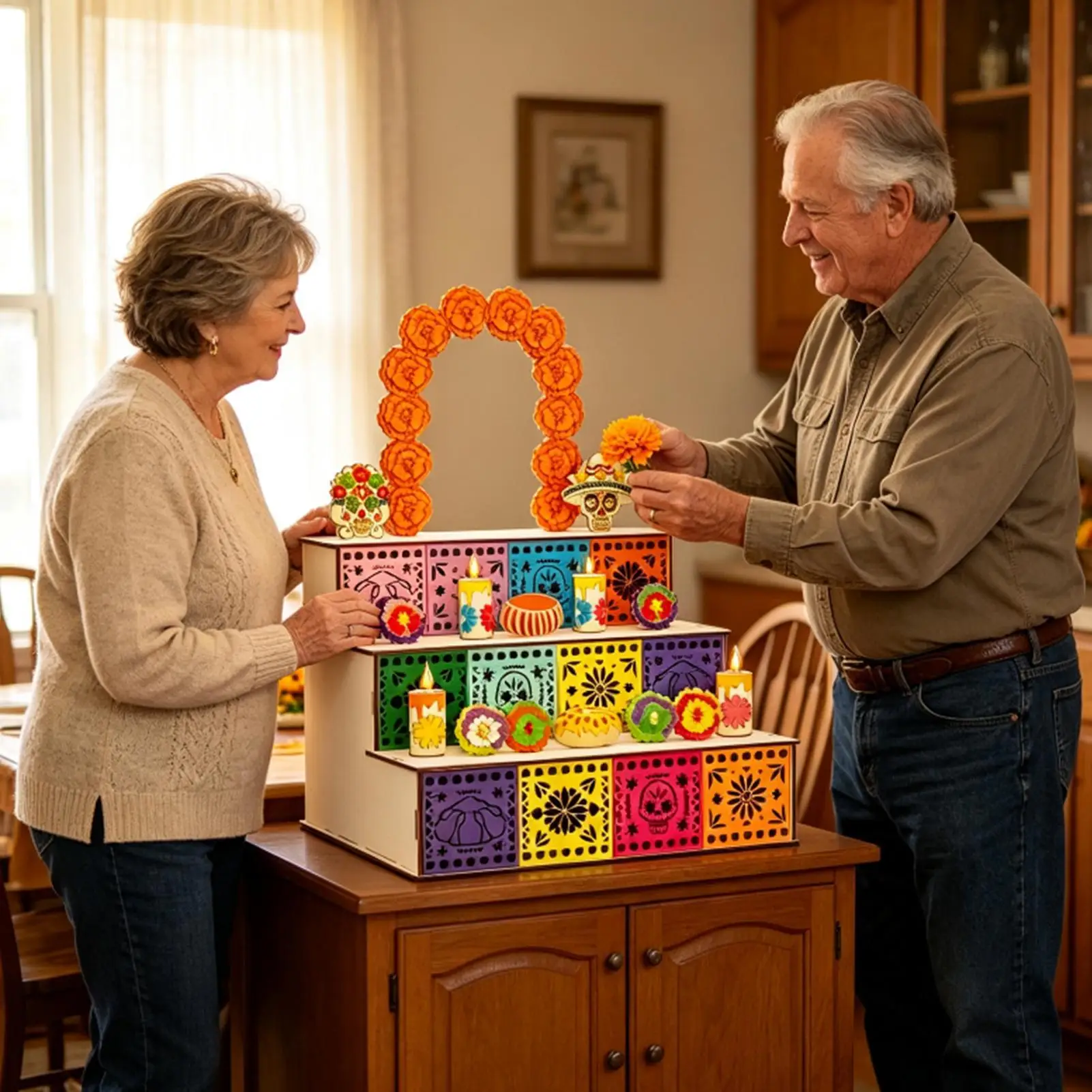 Einzigartige mexikanische hölzerne 3-stufige Altarbox, Ofrenda-Schattenbox zum Gedenken an den Tag der Toten für die Kirche und Wohnzimmerdekoration – Detail 12