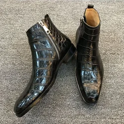 Black Brown Crocodile Print Square Toe Ankle Boots Fashion Side Zipper Men Boots Luxurious Handmade Party Office Men Dress Shoes