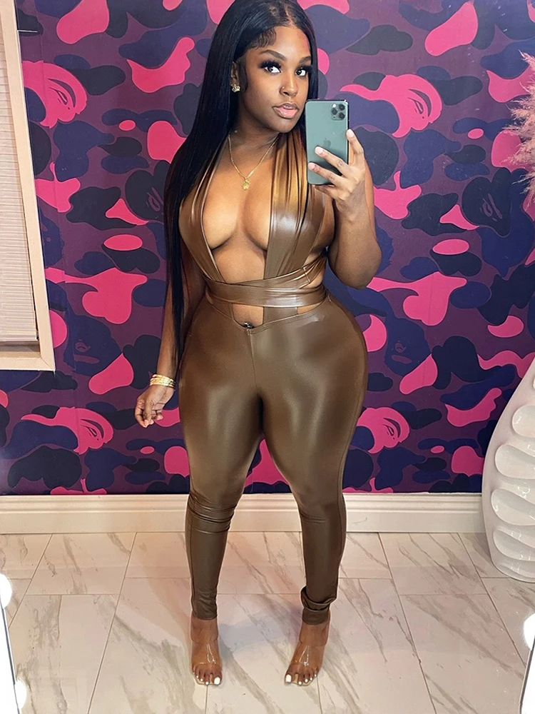 

Leosoxs сексуальный бандажный комбинезон из искусственной кожи, женский комбинезон без рукавов с открытой спиной и крестиком, хипстерская уличная клубная одежда, комбинезоны для тренировок