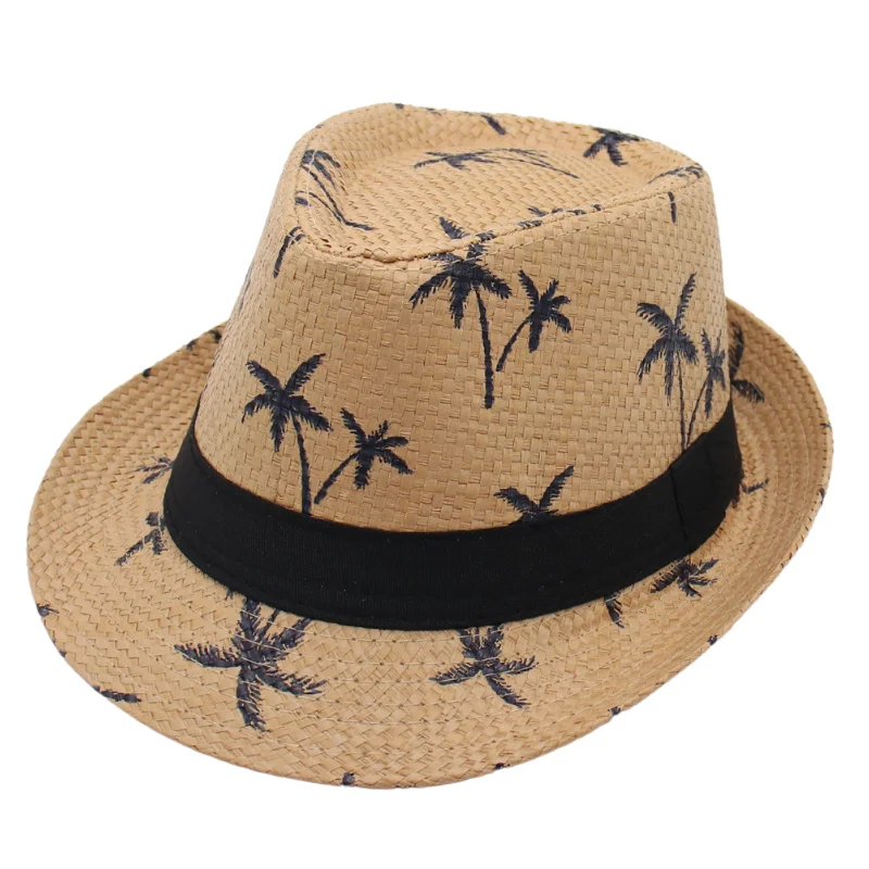 Classic Black Ribbon Decor Straw Fedora Hats Spring Summer Holiday Beach Panama Hat Women Hats Coconut Tree Pattern Travel Cap