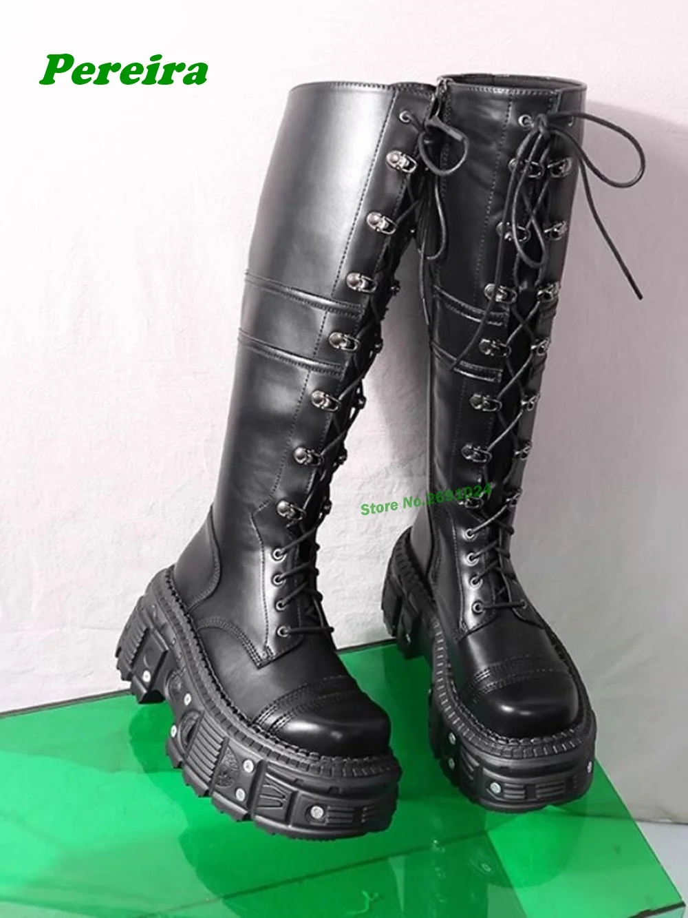 Dark Black Knight Boots Round Toe Height Increas Cross Tied Lace Up Women\'s Boots Genuine Leather Punk Metal Thick Soled Boots