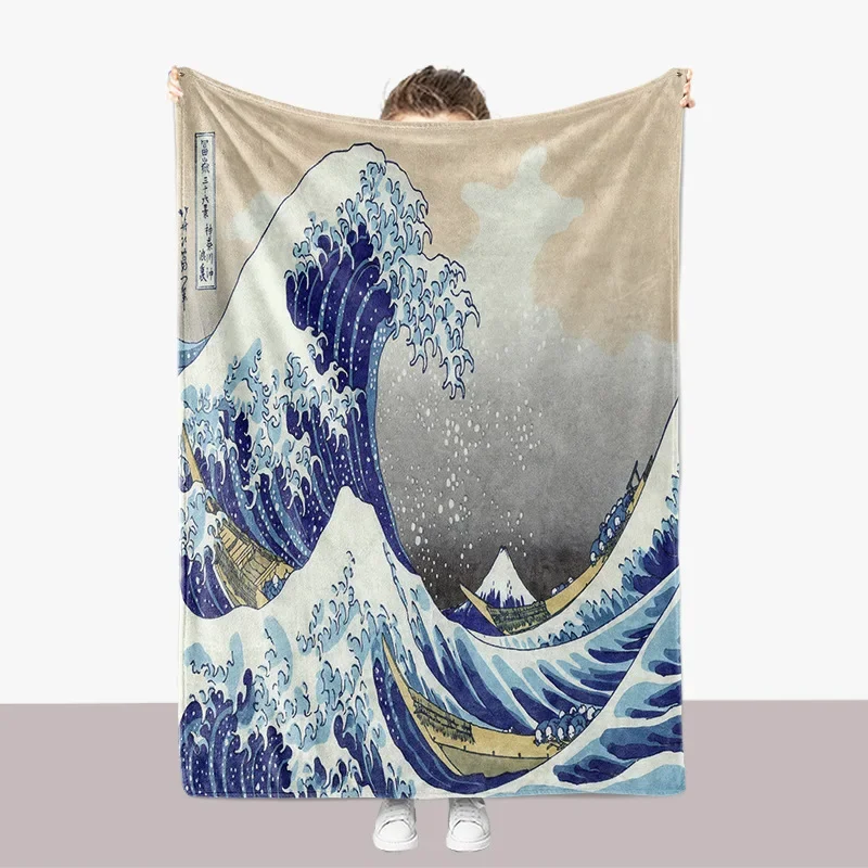 Japanese Ukiyoe Theme Throw Blanket Mountains Rivers Wave Style Flannel Blanket Bedroom Warm Queen Plush Blankets for All Season