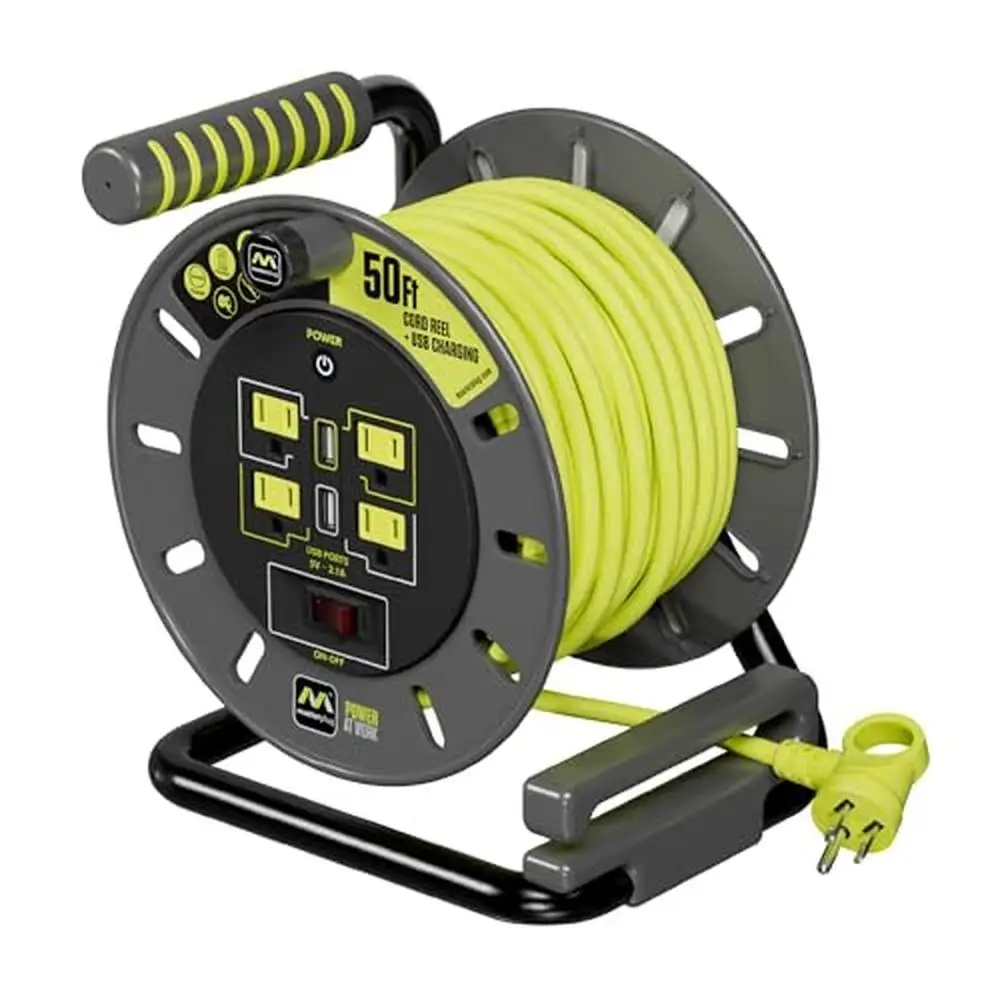 50ft Retractable Extension Lead Cord Reel with USB Charging Ports Overload Circuit Breaker Power Switch & 4 Outlets 13AMP 14AWG