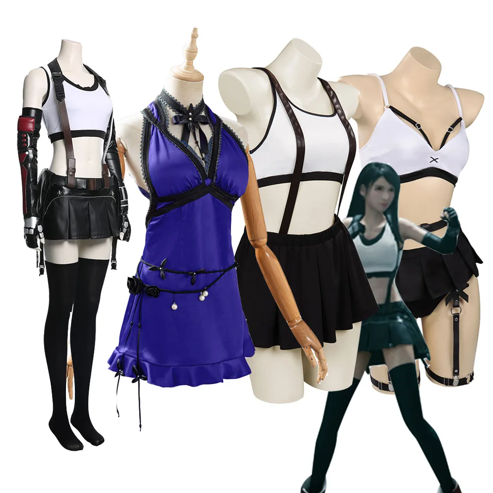 FF Final Fantasy Tifa Lockhart Cosplay Wig Costume Vest Skirt leggings Outfits Women Girls Sexy Halloween Carnival Party Suit