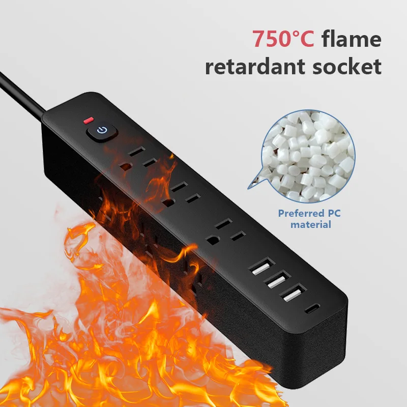 Удлинитель с разъемом американского стандарта и несколькими розетками, удлинителем длиной 3 м, быстрой зарядкой через USB Type-C и защитой от перенапряжения.