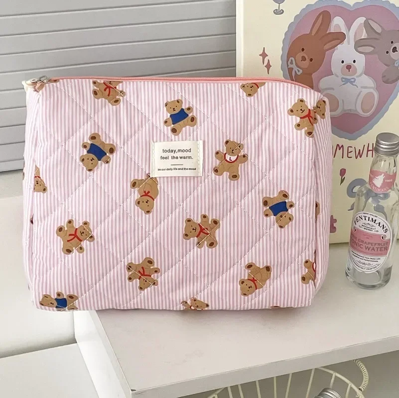 Women Zipper Makeup Travel Organizer Female Handbag Toiletry Pouch for Girls Pink Blue Bear Stripes Women Cosmetic Case Purse