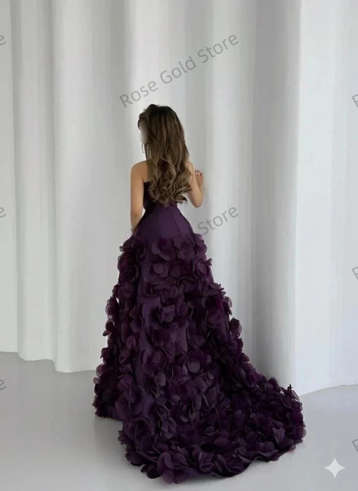 ชุดราตรีสีม่วงสวยหรู ทรงเอไลน์ สายเดี่ยว ประดับดอกไม้ ชุดราตรีแบบสั่งตัด สง่างาม สำหรับงานเลี้ยง งานพรอม พร้อมชายกระโปรงยาว