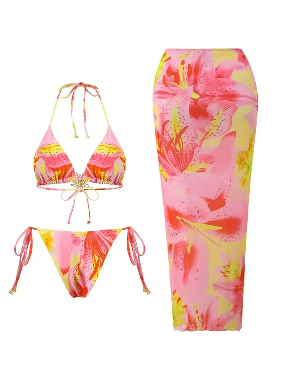 

Vibrant Floral Triangle Halter Bikini Top With Side Tie Bottoms And Sheer Maxi Cover Up Skirt Beach Set