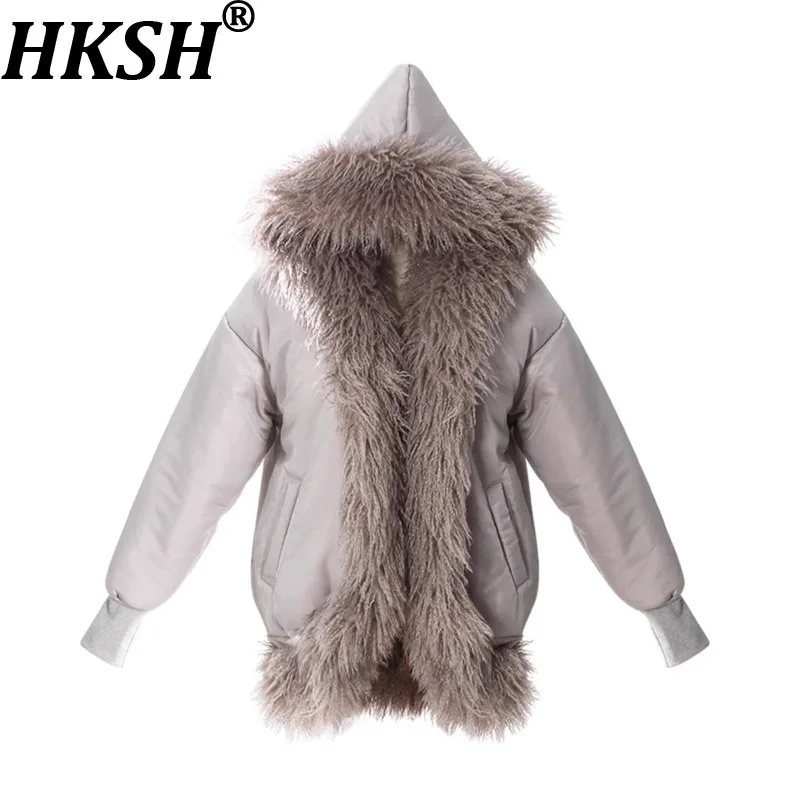 

HKSH Winter New Women Wadded Jacket Fleece-Lined Thicken Patchwork Faux Fur Hooded Reversible Elegant Cotton-padded Coat HK13404