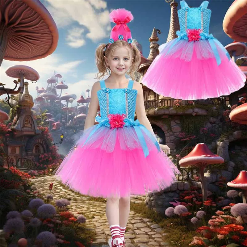

New Trolls Tutu Dresses Girls Princess Cosplay Costumes Kids Magic Elves Party Carnival Halloween Dress Children Fairy Flower