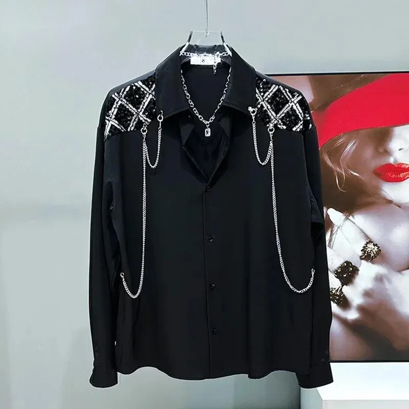 Shirt Men Spring Summer New Cool Korean Fashion Loose Casual Patchwork Sequin 2025 Contrast Color Tops Loose ZSQW