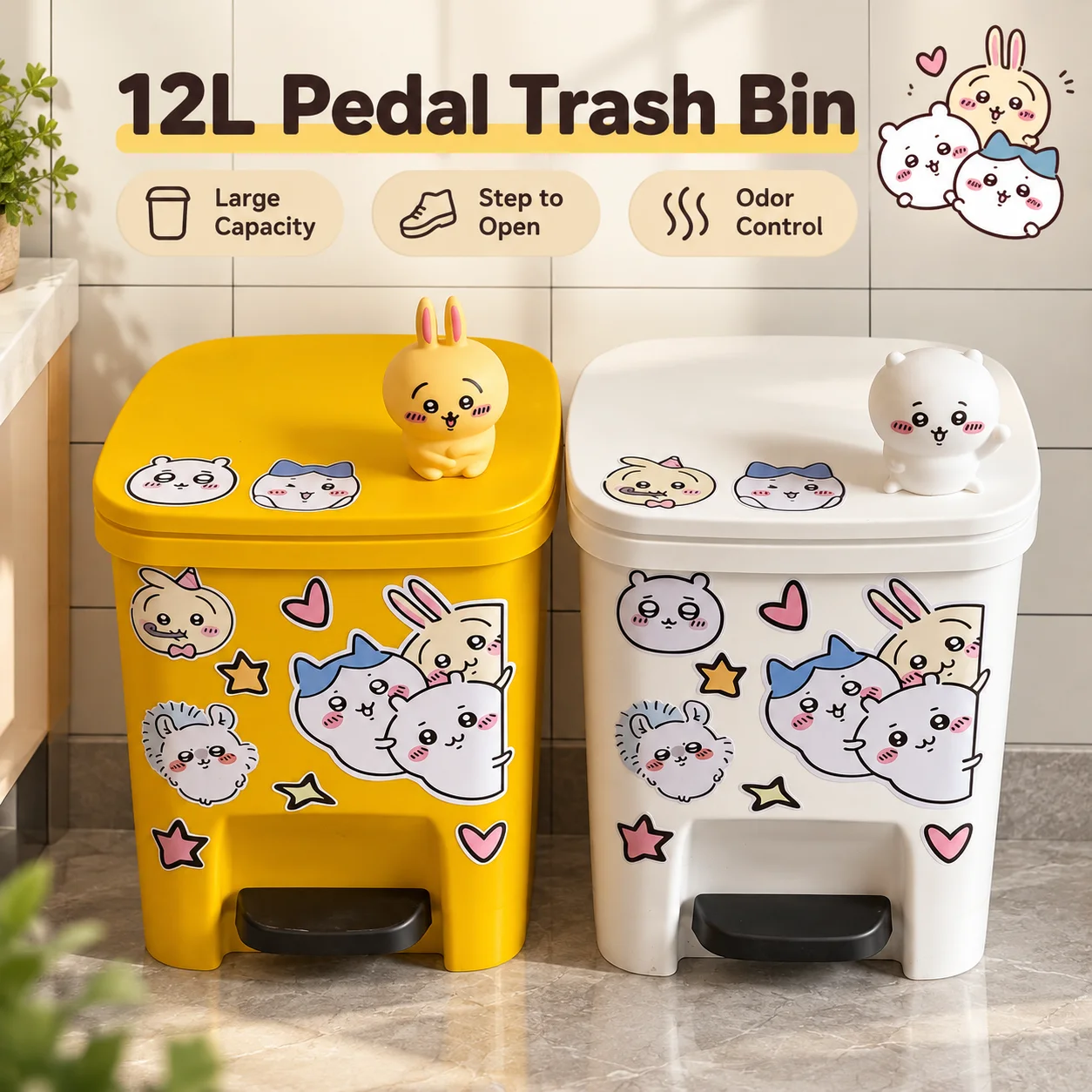 New Chiikawa Usagi 12 Liters Pedal Bathroom Trash Can Kitchen Odor-proof Trash Can Living Room Cute Storage Bin Student Dorm Bin