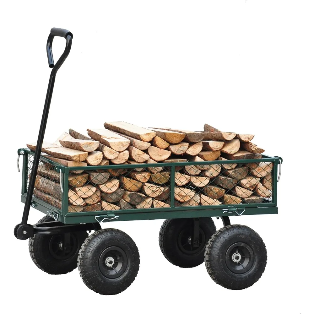 

utility steel garden cart, outdoor lawn wagon folding utility cart with removable sides and 10 inch wheels, heavy duty 550 poun