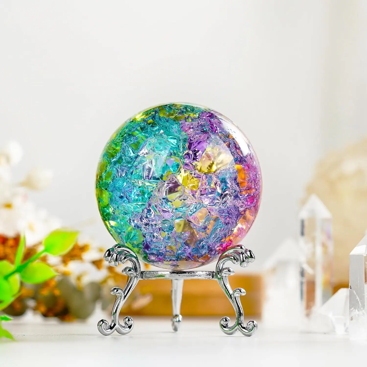 

60mm Color Cracked Ice Crystal Ball with Metal Base Paperweight Magic Photography Feng Shui Witch Gifts Home Decorations