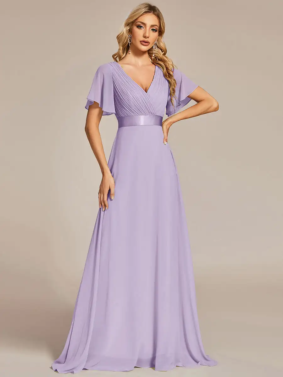 

Elegant Evening Dresses Long A-LINE Short Sleeve Deep V-neck Floor-Length 2024 of Chiffon Lavender Bridesmaid Women Dress