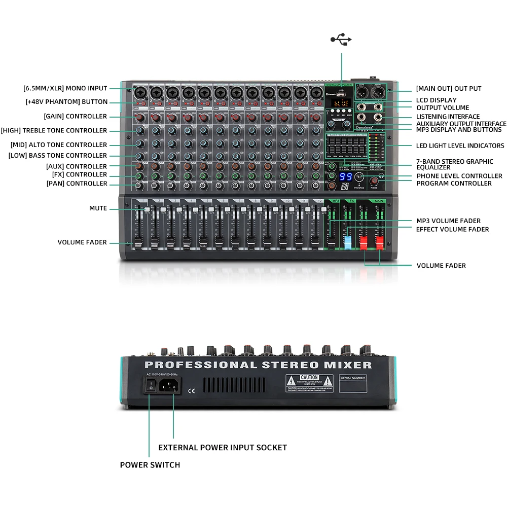 Imagem -05 - Depusheng-mixer de Áudio Profissional de 12 Canais Console de Mistura Portátil de Som 48v Phantom Power para Microfone Dinâmico