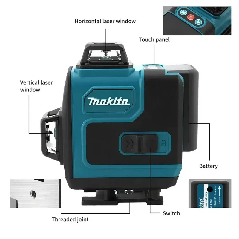 Makita Laser Level:Self-Leveling & Manual Modes,515nm Green Light,±4° Range,16 Lines,IP65,With Remote & Battery for Alignment