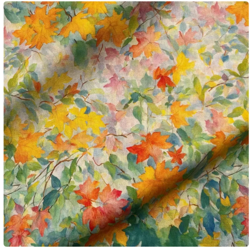 Autumn Colored Maple Leaves Print Pure Cotton Fabric, Handmade DIY Notebook, Table Cloth, Dress Sewing Cloth, M80