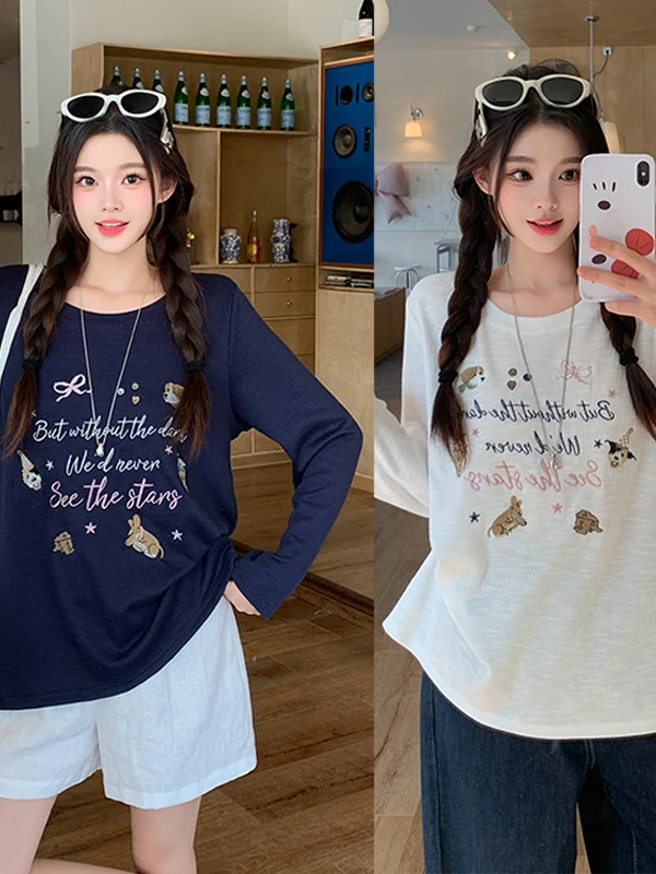 

plus Size Women's T-Shirt Cartoon Print Embroidered Letter Loose Slimming Long Sleeve Casual Top Korean Style Spring New