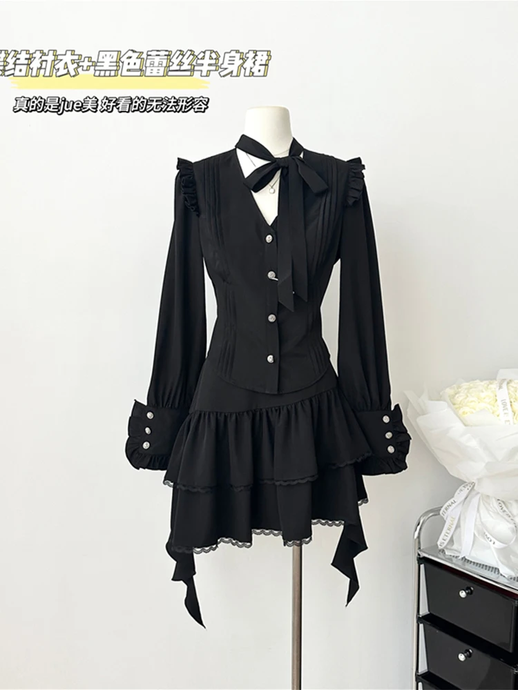 Summer Women Y2k Rave Dark Academia 2000s Outfits 2 Piece Set Long Sleeve V-Neck Shirts  + Gyaru Gothic Mini Irregular Skirts