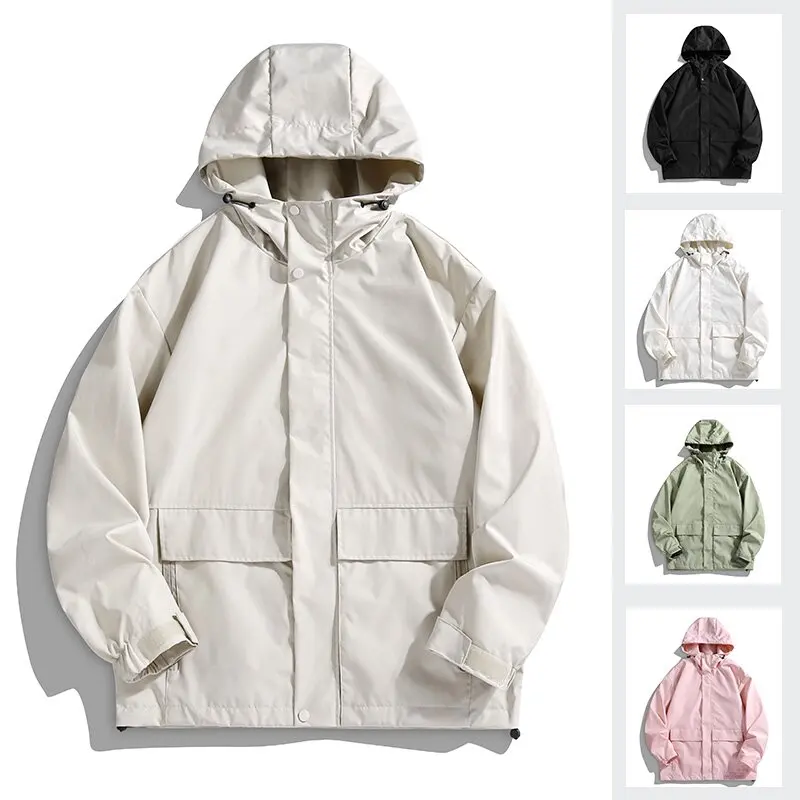 Spring and Autumn new fashion solid color multi-pocket workwear hooded jacket men's casual loose sports high-quality outerwear