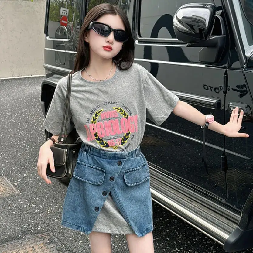 

Girl Print T-Shirts + Denim Skirts 2pcs Sets Kids Korean Style Cotton Clothes Teenage Fashion Suits 6-16 Years Wz1360