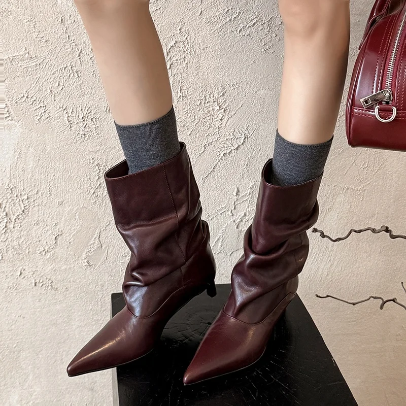 Winter 2027 Fashion Genuine Leather Pleated Short Boots Pointy Toe Med Kitten Heels Young Lady Modern Woman Ankle Boots Dress