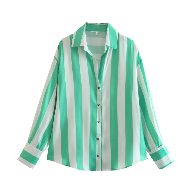 New Striped Print European and American Shirt Fashionable Lapel Commuter Women's Shirt Loose Casual Versatile Long-sleeved Tops