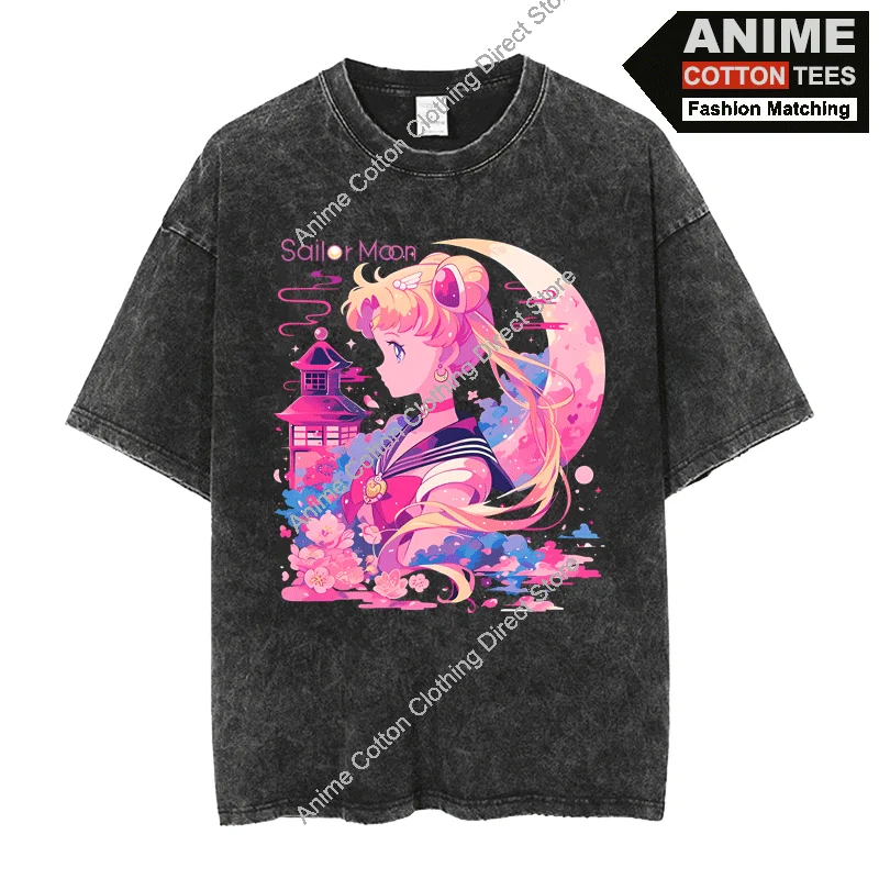 Classic Anime Beautiful Girl Warrior Print T-shirt y2k Harajuku Casual Unisex Oversized Loose Tees Cotton Washed Vintage T Shirt