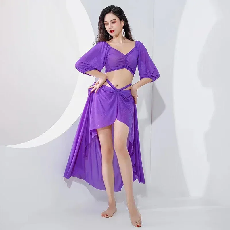 Belly Dance Professional Costume Set Mesh Half Sleeves Top+split Long Skirt 2pcs Female Dance Wear Belly Dance Suits