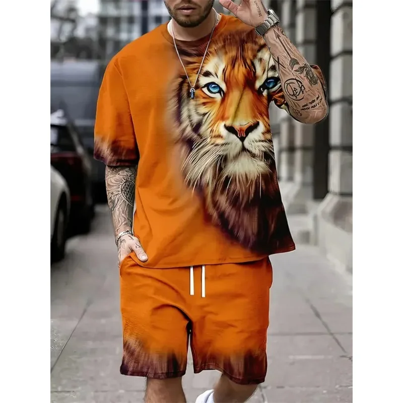 2025 New Summer Men's Casual Outdoor Street Sportswear: Black and White Tiger-Striped 3D Pattern Fashion Animal Print Set