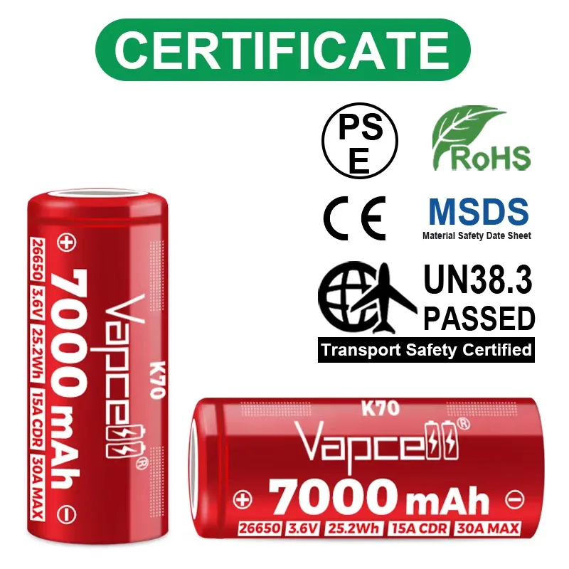 بطارية Vapcell K70 26650 الأصلية 7000mAh CDR 15A Max 30A قدرة عالية 26650 خلية بطارية ليثيوم أيون قابلة للشحن