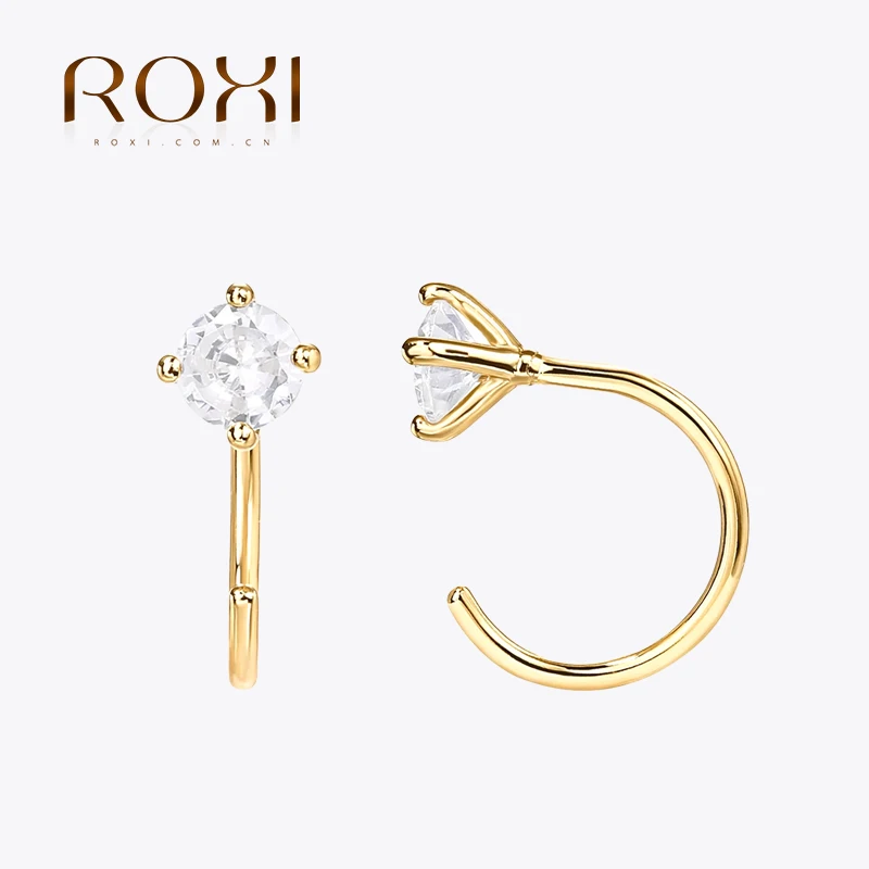 ROXI 925 Sterling Silver Stud Earring C-Shaped Four Claw Single CZ Ear Hook Piercing Earrings For Women Minimalism Jewelry Gift