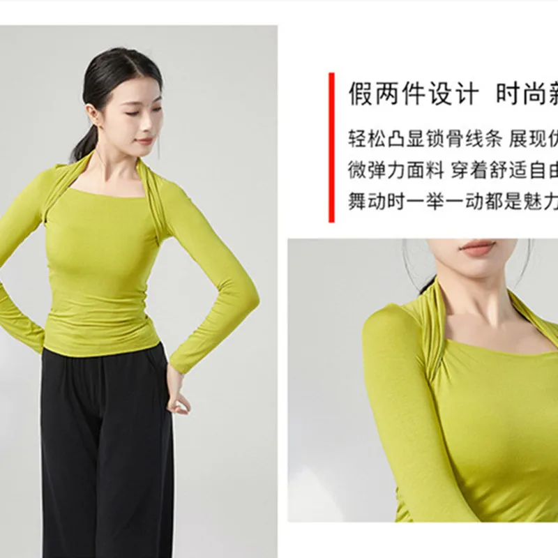 Womens Long Sleeve Workout Tops Ballet Classical Dance Yoga Atheltic Shirt Slim Fitted Modal Tee Fake 2 Piece Square Neck Bolero