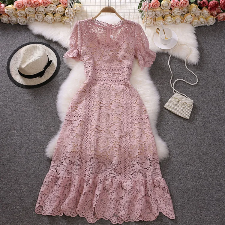 Runway Embroidery Dress Summer Solid Lace High Waist Woman Dresses for Women Elegant Luxury Party Boho Long Sleeve A-Line 2022