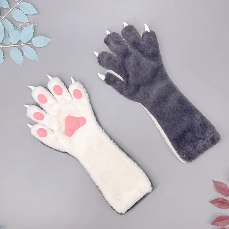Gants de patte d'animal en fausse fourrure, coussinets à griffes, chat, ours, renard, loup, mitaines de Cosplay pour Halloween, accessoires de fête Kigurumi de bande dessinée