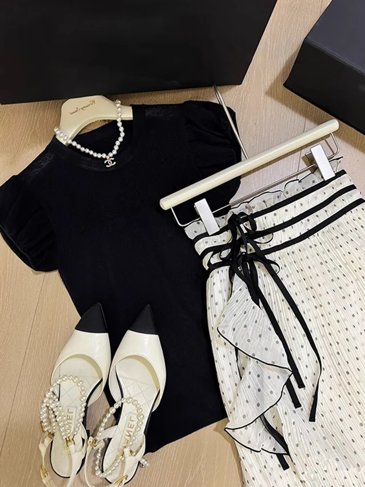 Slimming Retro Set Dr Women Summer ort Sve T-irt Top Asymmetrical Polka Dot Split f-length Skirt Two-piece Set