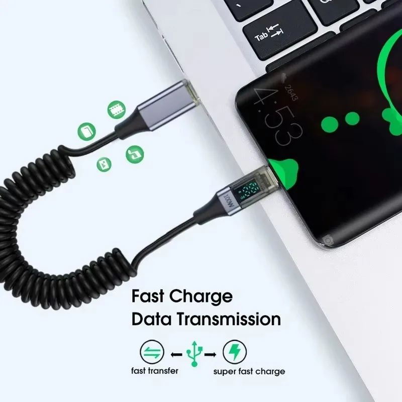 100W Digital Display Dual Type C Coiled Spring Cable Fast Charging USB C To Type C Spiral Data Wire Cord for Samsung IPhone16 15