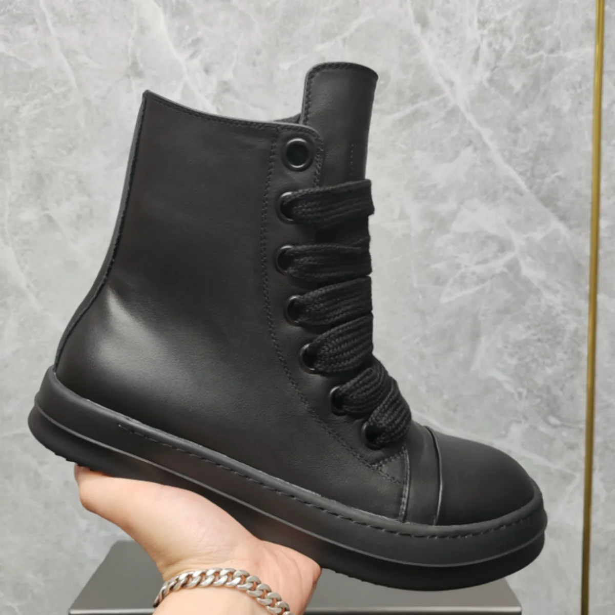 Brand R-o Shoe Full Black Leather Shoes  Men Sneaker Women High Top Shoe Boots Sneakers  Jumbo Laces Casual Shoes